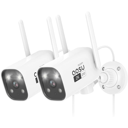 AOSU 2K Security Camera Outdoor with Color Night Vision, 2 Pack Wired Home Security Cameras Support 24/7 Recording, Auto Tracking, Voice Changer, 2 W