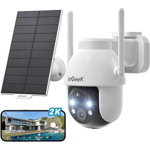 IEGEEK  Security Cameras Wireless Outdoor-Solar & Battery Powered Camera System for Home Exterieur Surveillance, 360°Ptz Wifi Cam \w 2K Color Night
