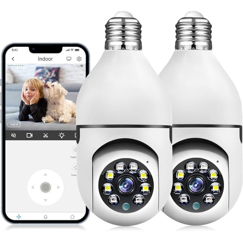 2PCS Light Bulb Security Camera Wireless Indoor, 3MP/2.4G WiFi Surveillance Camera, 360°Pan-Tilt Bulb Camera with Human Motion Detection&Alert/Two-Wa