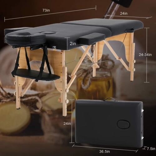 Lit de table de massage portatif de 84 po avec hauteur réglable, socle pour le visage et étui de transport – Noir, Spa pliant et lit salon