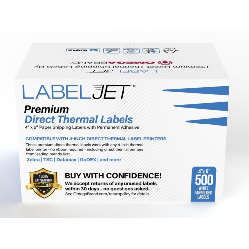 LabelJet 4"x 6" White Direct Thermal Shipping Labels, Pack of 500 Fanfolded - Compatible with UPS, Canada Post, FedEx, UPS WorldShip