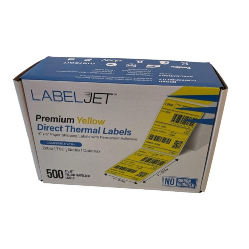 Image 1 of 5.. LabelJet 4"x 6" Yellow Direct Thermal Shipping Labels, Pack of 500 Fanfolded - Compatible with UPS, Canada Post, FedEx, UPS WorldShip