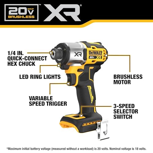 DEWALT 20V MAX XR Cordless Impact Driver, Brushless, 3-Speed, Tool Only
