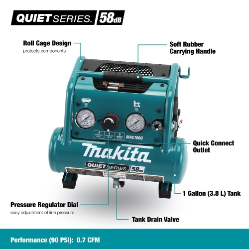 Makita MAC100Q Quiet Series, 1/2&nbsp;HP, 1 gallons, compact, sans huile, compresseur d'air électrique