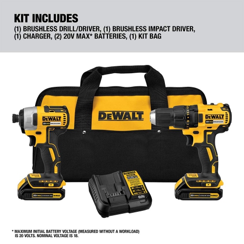 DEWALT 20V MAX* Cordless Drill and Impact Driver, Power Tool Combo Kit , Brushless, with 2 Batteries and Charger (DCK2..
