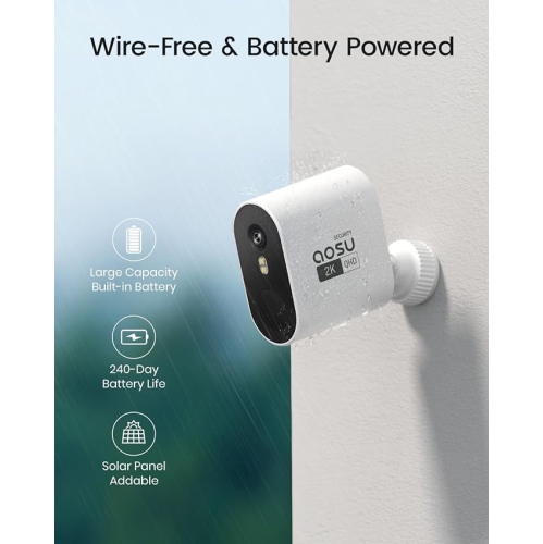 aosu Security Cameras Wireless Outdoor Home System, Real 2K HD Night Vision, No Subscription, 240-Day Battery Life, 166° Wide View, Spotlight & Sound