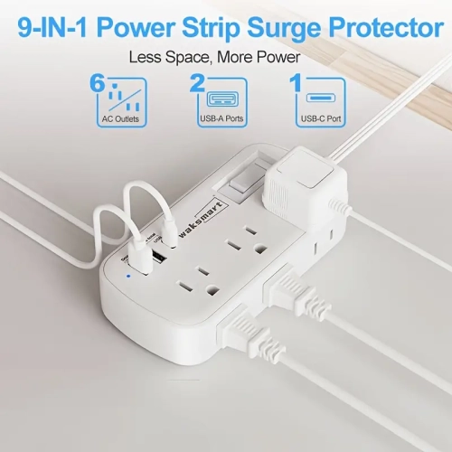 Flat Plug Surge Protector Power Strip - 5Ft Ultra Thin Extension Cord, 3 USB Wall Charger, 6 Outlets Compact Charging Station, Wall Mount for Office,
