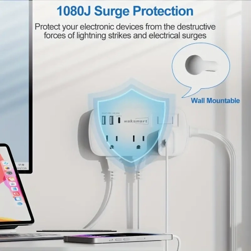 Flat Plug Surge Protector Power Strip - 5Ft Ultra Thin Extension Cord, 3 USB Wall Charger, 6 Outlets Compact Charging Station, Wall Mount for Office,