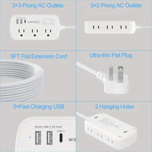 Flat Plug Surge Protector Power Strip - 5Ft Ultra Thin Extension Cord, 3 USB Wall Charger, 6 Outlets Compact Charging Station, Wall Mount for Office,