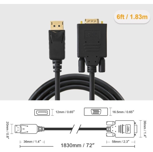 Displayport to VGA Cable 6FT, Displayport to VGA Adapter Gold Plated 1080P@60Hz, Standard DP Male to VGA Male Cable, Compatible with Laptop, PC, TV,