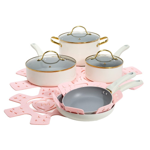 Image 1 de 10.. Paris Hilton Epic – Ensemble de casseroles et de poêles antiadhésives, revêtement multicouche antiadhésif, couvercles en verre trempé, toucher doux