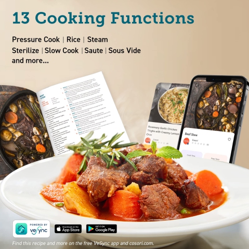 Autocuiseur électrique de 6 pintes COSORI, autocuiseur instantané 9-en-1, 13 préréglages, sauté au riz, sous vide