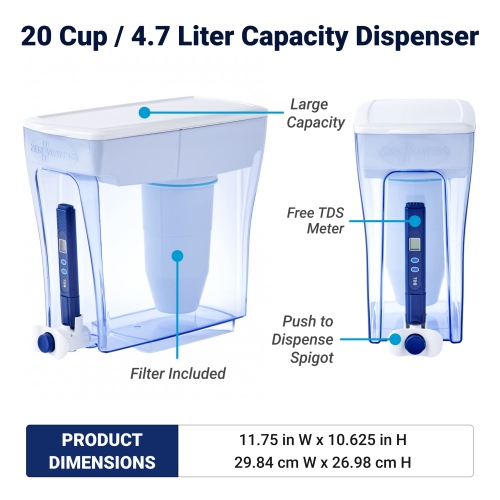 Pichet de filtration d'eau 20 tasses Ready-pour à 5 étapes de ZeroWater, 0 TDS pour un meilleur goût pour l'eau du robinet - certifié IAPMO par Reduc.