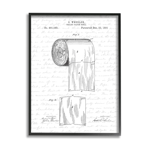 STUPELL INDUSTRIES  Toilet Paper Roll Patent Black And Bathroom Design Framed Wall Art, 16X20, Multi-Color In White