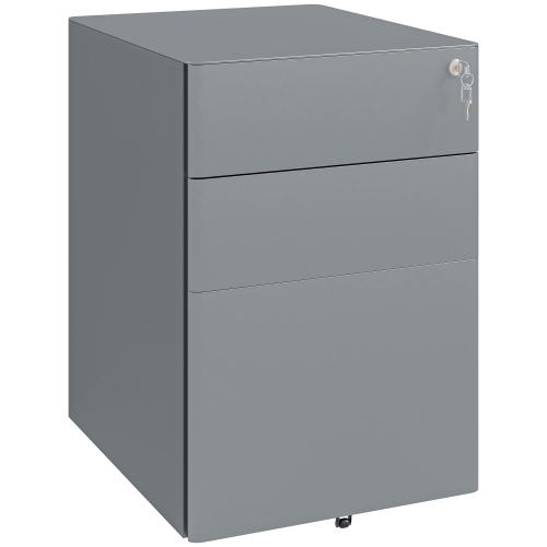 Vinsetto 3 Drawer Vertical File Cabinet, Steel Lockable Filing Cabinet with Wheels for A4, Letters, and Legal-sized Files for Home Office, Grey