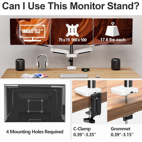 Triple Monitor Mount, 3 Monitor Desk Mount for There Screens up to 32 Inch, Full Motion Gas Spring Triple Monitor Stand, Heavy Duty Monitor Arm Hold