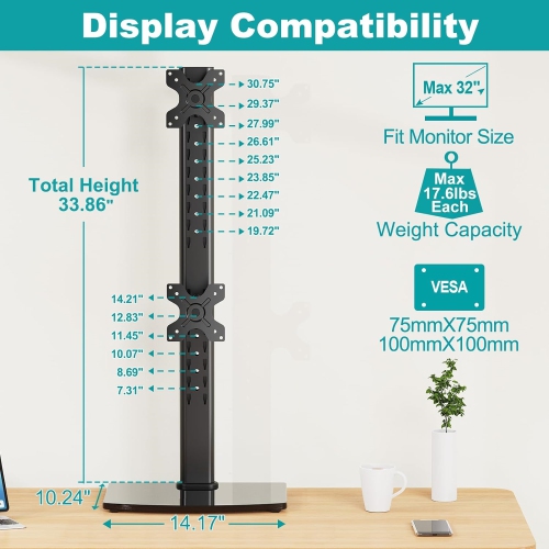 Vertical Dual Monitor Stand for 2 Computer Screen up to 32 Inch, Stacked Monitor Mount, Free-Standing Monitor Desk Stand with Swivel, Tilt, Height