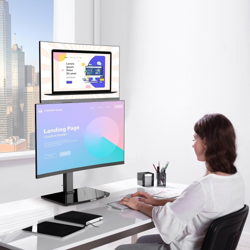 Vertical Dual Monitor Stand for 2 Computer Screen up to 32 Inch, Stacked Monitor Mount, Free-Standing Monitor Desk Stand with Swivel, Tilt, Height