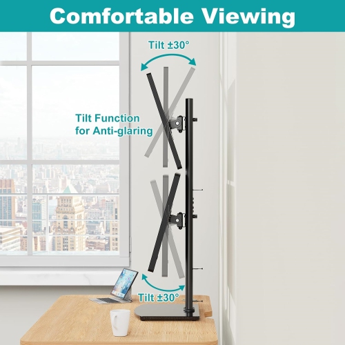 Vertical Dual Monitor Stand for 2 Computer Screen up to 32 Inch, Stacked Monitor Mount, Free-Standing Monitor Desk Stand with Swivel, Tilt, Height