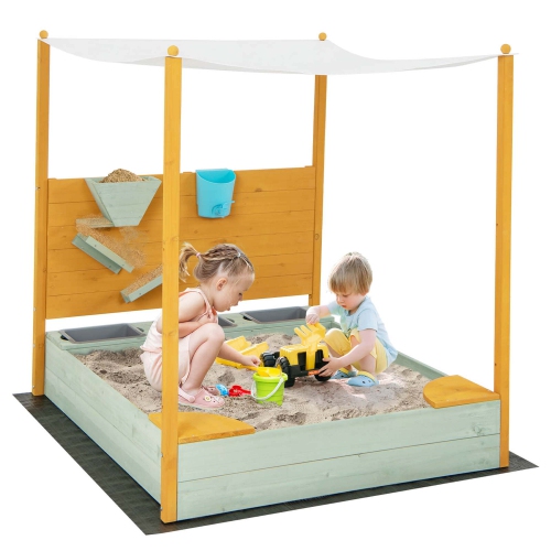 COSTWAY  Kids Sandbox With Sand Wall Detachable Canopy Bottom Liner Water Bucket Outdoor