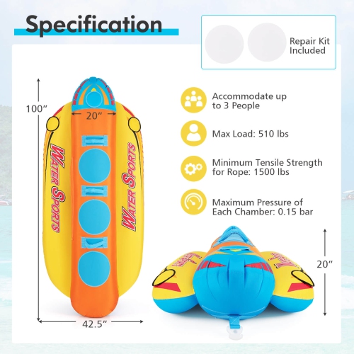 Costway 3-Person Inflatable Banana Boat with Boating & Water Sports 3 EVA-padded Seats