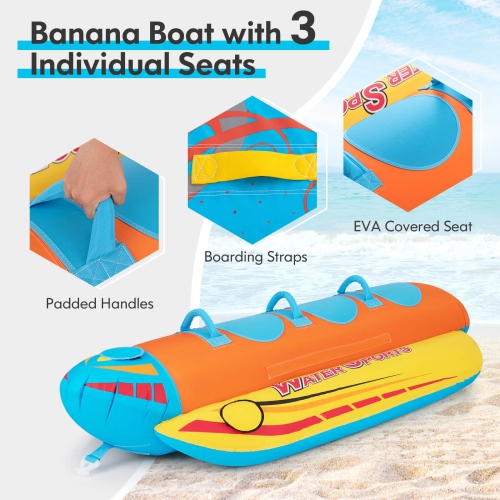 Costway 3-Person Inflatable Banana Boat with Boating & Water Sports 3 EVA-padded Seats