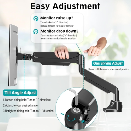 Single Monitor Mount for 22-43 inch Ultrawide Computer Screen, Premium Aluminum Heavy Duty Monitor Arm Desk Mount Holds 6.6lbs to 33lbs, Gas Spring