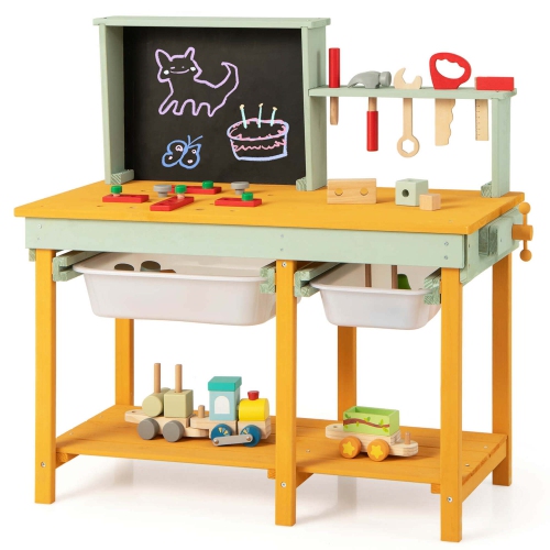 Image 1 de 10.. Établi jouet en bois pour enfants avec espace de rangement et accessoires pour tableau noir de Costway pour garçons