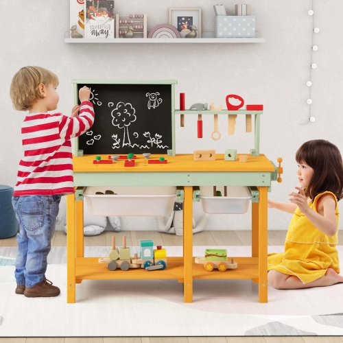 Établi jouet en bois pour enfants avec espace de rangement et accessoires pour tableau noir de Costway pour garçons
