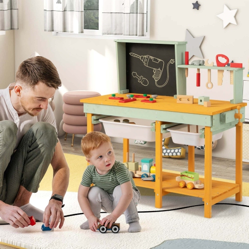 Établi jouet en bois pour enfants avec espace de rangement et accessoires pour tableau noir de Costway pour garçons