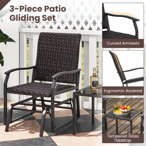 Costway 3 PCS Patio Gliding Set with Tempered Glass Coffee Table Quick Dry Foam Wicker All Weather