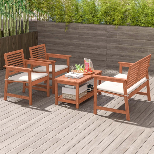 COSTWAY  4 PCs Patio Conversation Set With Soft Seat Cushions 2-Tier Rectangle Coffee Table