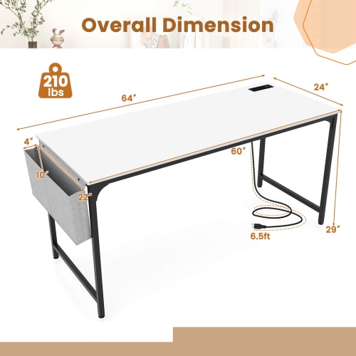 Costway 60" Modern Computer Desk with Charging Station with Storage Bag & Headphone Hook White