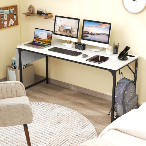 Costway 60" Modern Computer Desk with Charging Station with Storage Bag & Headphone Hook White