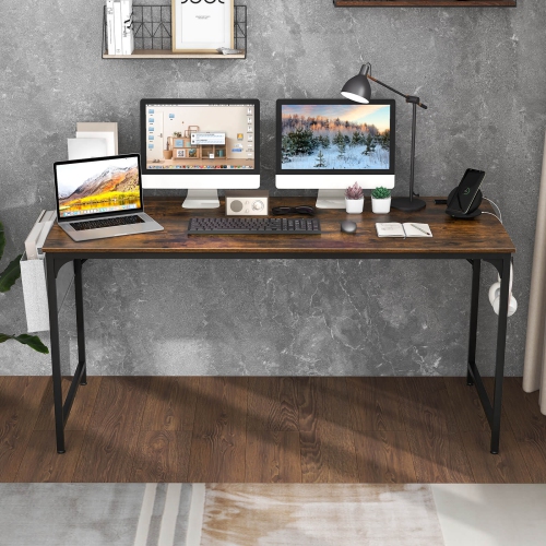 Costway 60" Modern Computer Desk with Charging Station with Storage Bag & Headphone Hook Borwn