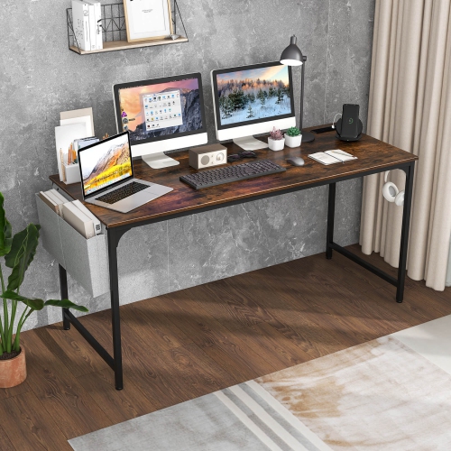 Costway 60" Modern Computer Desk with Charging Station with Storage Bag & Headphone Hook Borwn