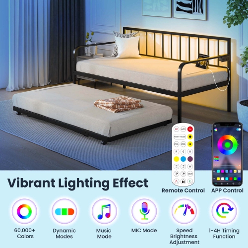 Costway Twin Daybed Adjustable Sofa Bed Frame with Charging Station & LED Lights