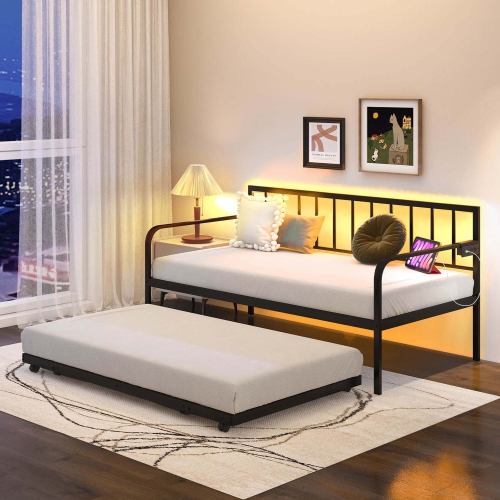 Costway Twin Daybed Adjustable Sofa Bed Frame with Charging Station & LED Lights