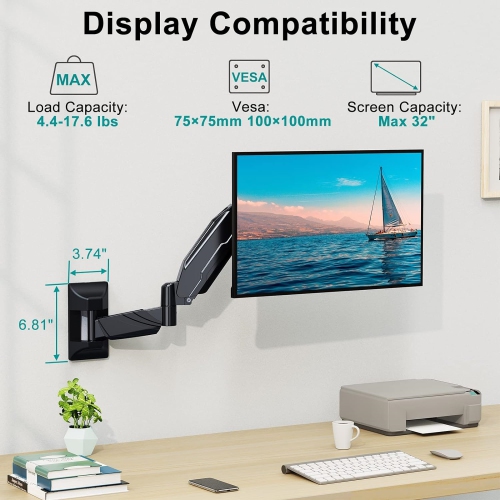 Monitor Wall Mount for 13 to 32 Inch Computer Screens, Single Monitor Arm with Tilt/Swivel/Rotation Adjustable, Gas Spring Wall Monitor Mount Holds