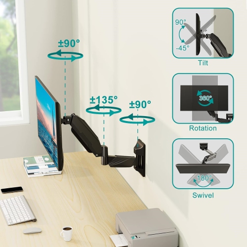 Monitor Wall Mount for 13 to 32 Inch Computer Screens, Single Monitor Arm with Tilt/Swivel/Rotation Adjustable, Gas Spring Wall Monitor Mount Holds