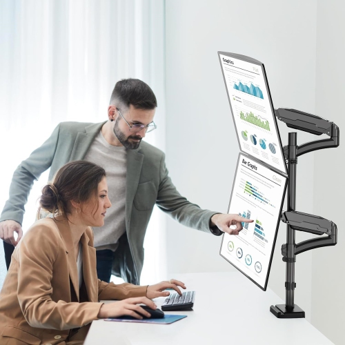 Vertical Dual Monitor Mount, Stacked Monitor Stand for 2 Computer Screens up to 32 inches, Fully Adjustable Gas Spring Monitor Desk Mount, Each