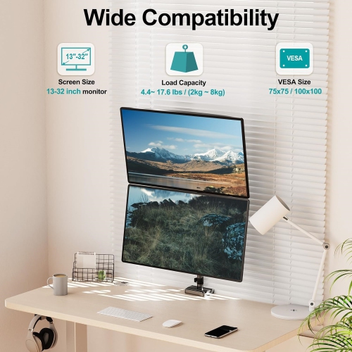 Vertical Dual Monitor Mount, Stacked Monitor Stand for 2 Computer Screens up to 32 inches, Fully Adjustable Gas Spring Monitor Desk Mount, Each