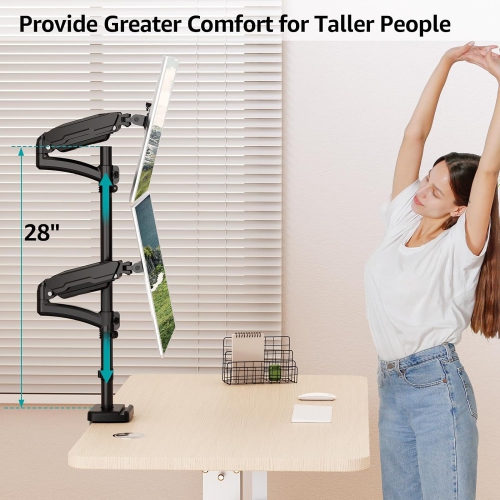 Vertical Dual Monitor Mount, Stacked Monitor Stand for 2 Computer Screens up to 32 inches, Fully Adjustable Gas Spring Monitor Desk Mount, Each