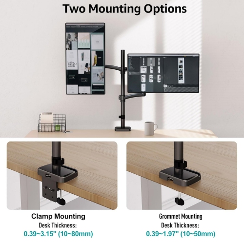 Vertical Dual Monitor Mount, Stacked Monitor Stand for 2 Computer Screens up to 32 inches, Fully Adjustable Gas Spring Monitor Desk Mount, Each