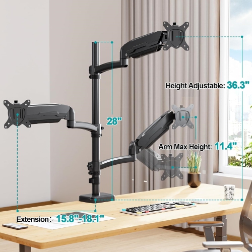 Triple Monitor Mount for Max 32" Computer Screen, Adjustable 3 Monitor Desk Mount, up to 17.6lbs Each, Gas Spring Monitor Arm with Tilt Swivel