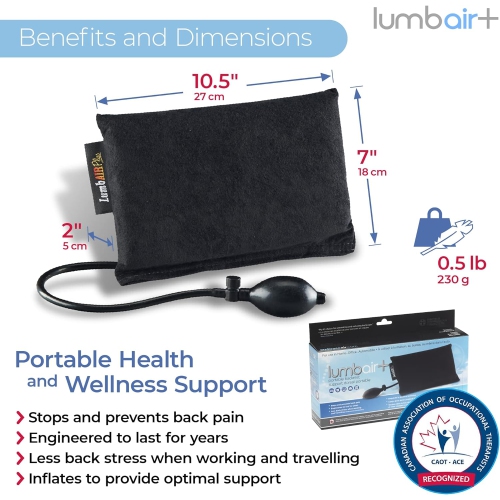 LumbAIR Plus Portable Backrest, Inflatable Lumbar Support Cushion with Adjustable Internal Air System, One Size Ergonomic for Office, Home, Car,