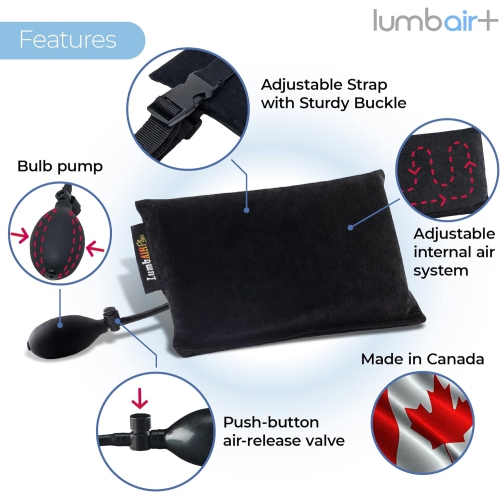 LumbAIR Plus Portable Backrest, Inflatable Lumbar Support Cushion with Adjustable Internal Air System, One Size Ergonomic for Office, Home, Car,