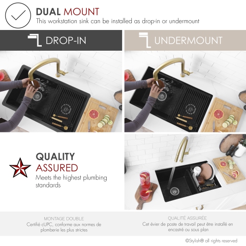 Élégant évier de travail à deux cuves en granite composite de 30 po de Waterton S-831WL