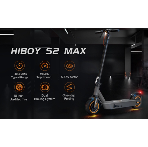 Hiboy S2 MAX Electric Scooter, 500W Motor/ 65km Range/ 31km/h / 10" Pneumatic Tires/ Dual Braking System, Portable and Foldable Commuter E-scooter