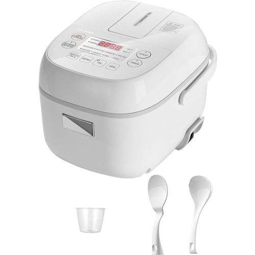 TOSHIBA  Fuzzy Logic Technology Lcd Display With 8 Cooking Functions Compact 3 Cup Uncooked Rice Cooker Pearl In White